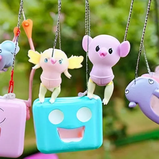 Image similar to some cute plastic toys that look like animal characters hanging laundry in the backyard, pastel colors