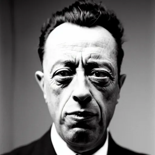 Image similar to 8k black and white photograph portrait of Albert Camus making a silly face. National Geographic. Hilarious.