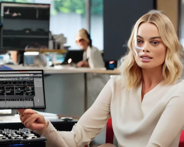 Prompt: sp - 4 0 4 audio sampling workstation being used by margot robbie, award winning product advertising still, 4 k 8 k 1 6 k