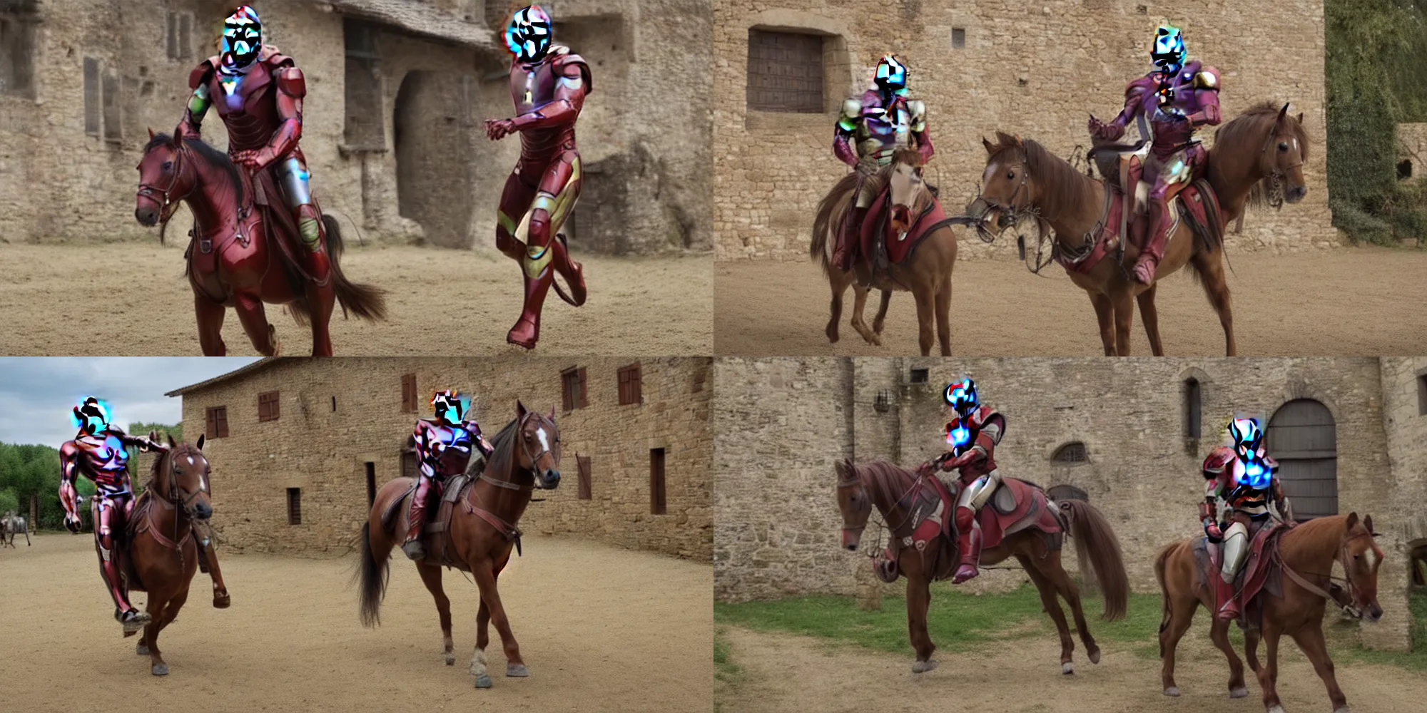 Prompt: Iron Man riding a horse through a medieval village