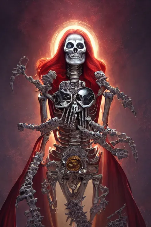 Prompt: woman lich skeleton made of quicksilver covered with blood, long red hair, golden necklace, ultra realistic, concept art, intricate details, highly detailed, photorealistic, octane render, 8 k, unreal engine. dnd art by artgerm and greg rutkowski and alphonse mucha