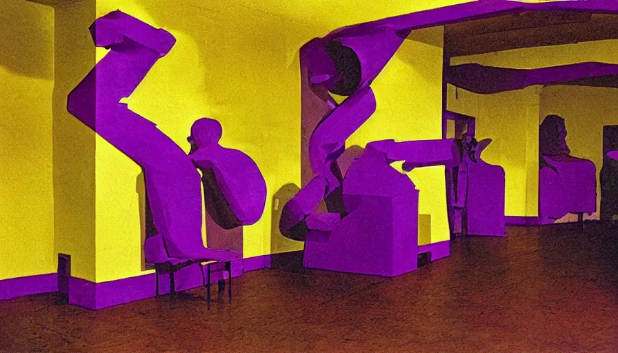 Image similar to 60s movie still of a sovietic stalinist style antique art museum with light yellow wall, LOMOCHROME PURPLE FILM 100-400 35MM, liminal Space style, heavy grain