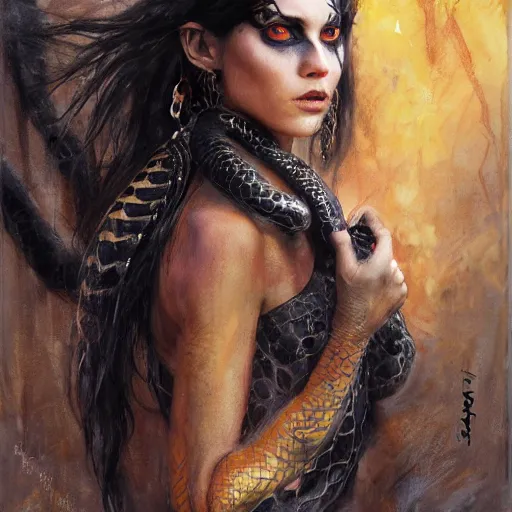 Image similar to snake woman hybrid, long, black scales, bright amber eyes, scales covering her chest, cinematographic shot, by daniel f. gerhartz