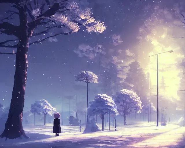 Prompt: scenery artwork, scene beautiful, light!! light essential calm and cozy winter world snow and night, surrealism oil on canvas, artstation!! pixiv!! dream scenery, quality studio ghibli projection render, nier automata concept art, vaporwave textures