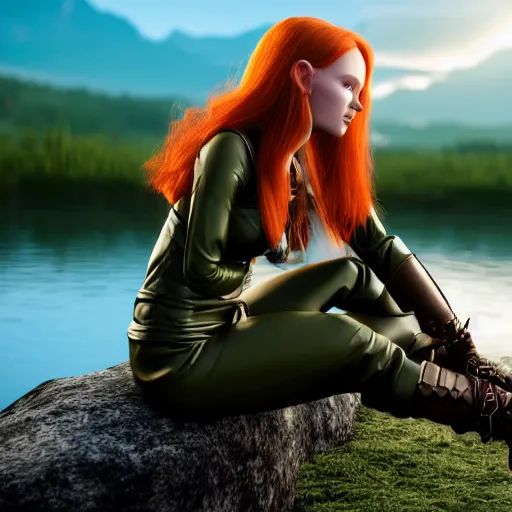 Image similar to beautiful female redhead elf warrior wearing olive green leather, sitting next to a beautiful lake at sunset, enjoying the wind, looking at the water. 8 k ultra realistic, award winning, unreal engine 5, masterpiece, atmosphere glow, hyperrealistic, focused, extreme details, cinematic