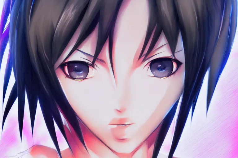 Image similar to sultry look in her eyes Yuffie Kisaragi close-up portrait looking straight on, complex artistic color pencil sketch illustration, full detail, gentle shadowing, fully immersive reflections and particle effects, chromatic aberration.