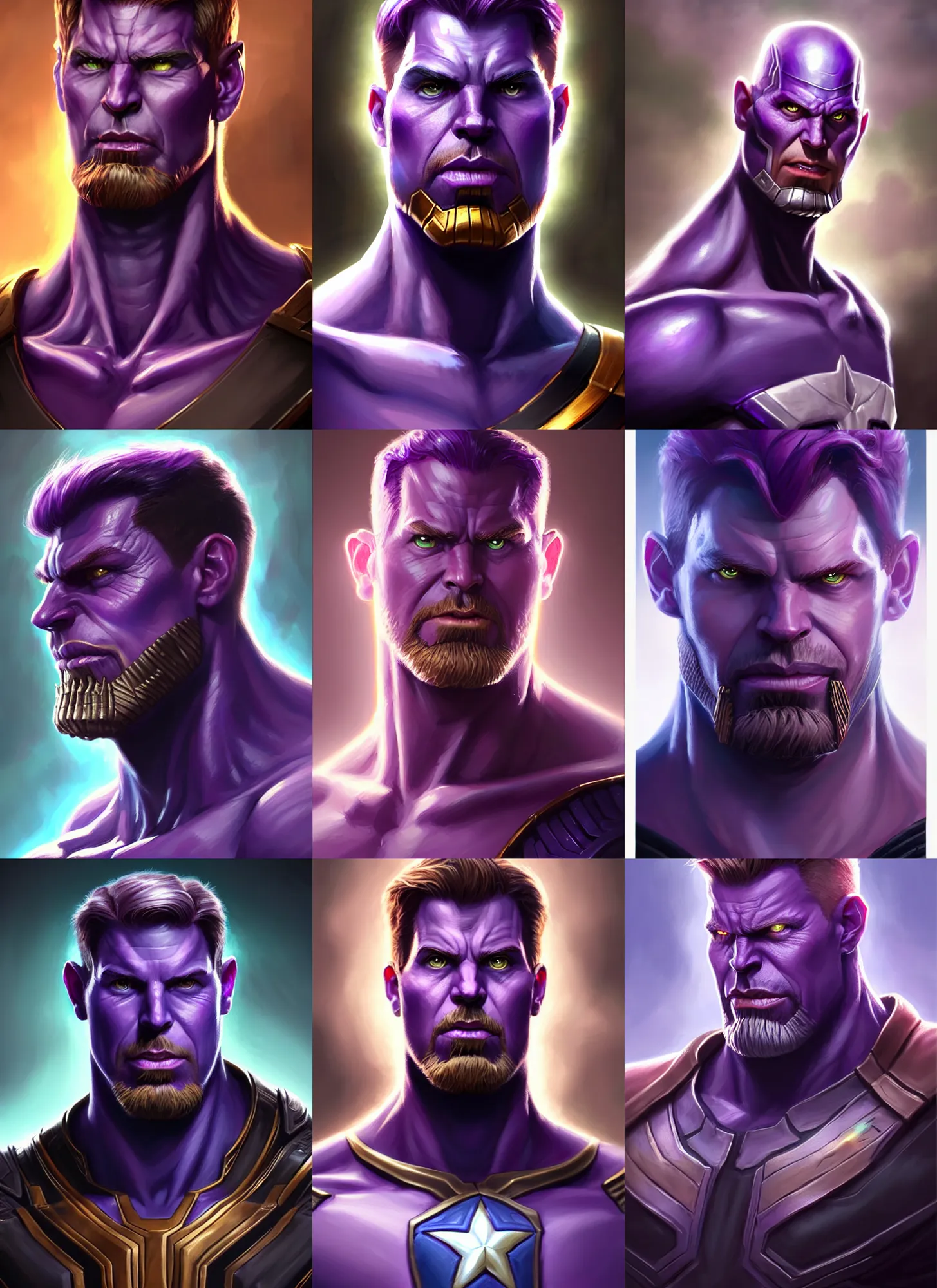 Prompt: a fantasy style portrait painting a character if steve rogers and thanos had a son, purple skin, powerful chin, thanos style traits, painting, unreal 5, daz., rpg, portrait, extremely detailed, artgerm greg rutkowski _ greg