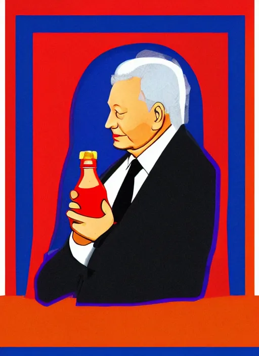 Image similar to president yeltsin with a bottle of vodka, icon with a halo, color art in a church style