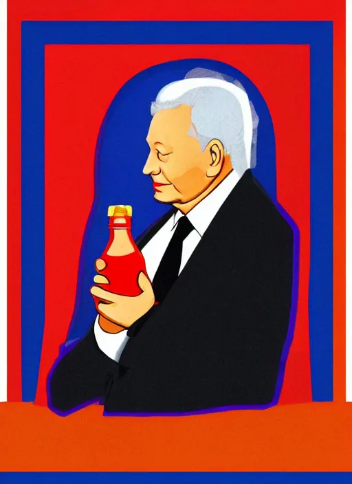 Prompt: president yeltsin with a bottle of vodka, icon with a halo, color art in a church style