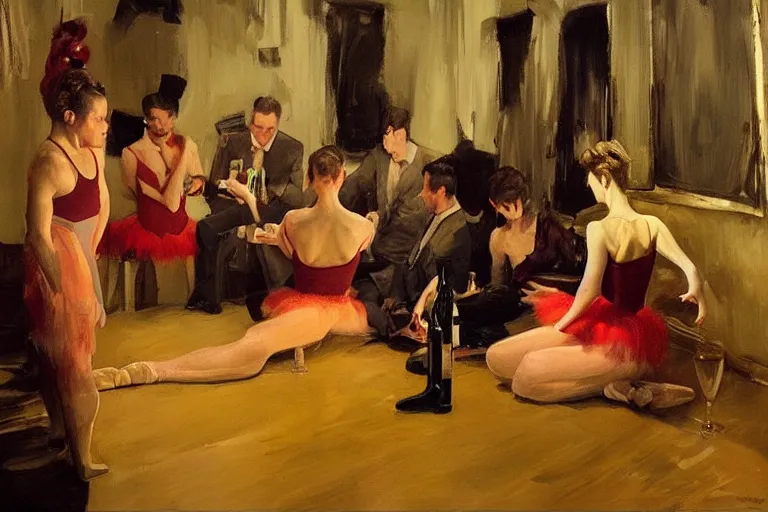 Prompt: ballet dancers drinking brutal and raw wine, inside a tiny green room with red lights by joaquin sorolla, greg rutkowski, bill sienckiwicz, extremely detailed