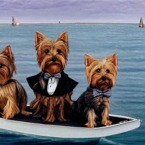 Prompt: a Yorkshire terrier wearing a black bow tie on a yacht, extremely detailed masterpiece, illustration, by Michael Sowa,