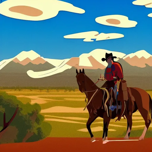 Prompt: cowboy on the range, beautiful New Mexico landscape, Art Deco, cel-shaded, unity, 8k, 4k