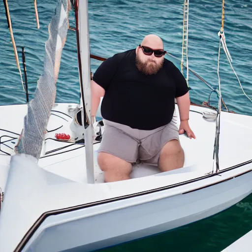 Image similar to a short fat bearded boy on a sailboat