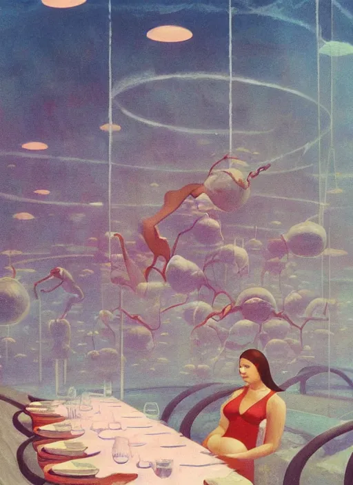 Image similar to spherical water people at underwater restaurant Edward Hopper and James Gilleard, Zdzislaw Beksinski highly detailed