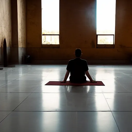 Prompt: a man sits in a meditation pose in the middle of a large throne room. the air is filled with haze. holographic user interface elements float all around him. wires and cables run, overlapping, along the floor. golden sunlight illuminates the room at sunset. this space is sacred.