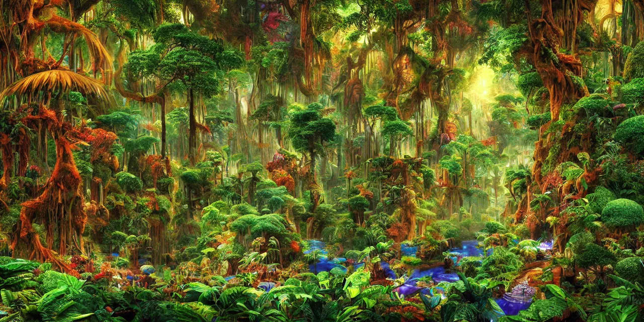 Prompt: lush rainforest in wonderland dmt tripping, sacred geometry details, by jean giraud, coherent, psychedelic, hyper realism, high detail, vivid colors, octane render, unreal engine, 8 k, smooth gradients, high contrast, depth of field by jacek yerka