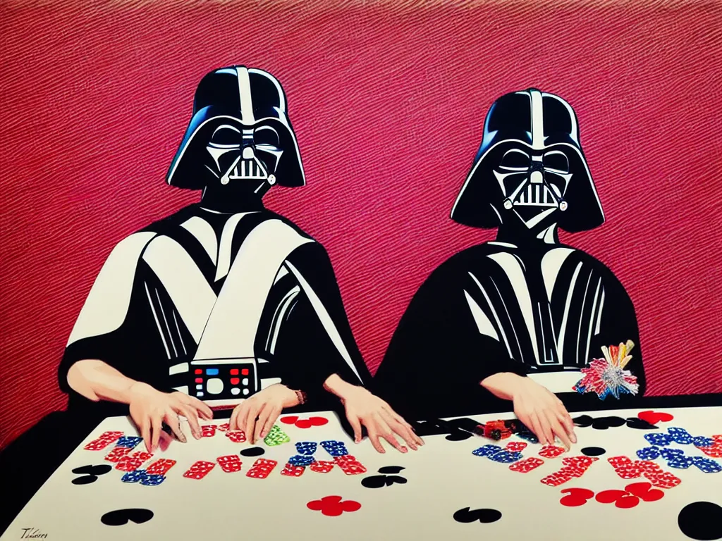 Image similar to hyperrealism composition of the detailed woman in a japanese kimono sitting at an extremely detailed poker table with darth vader, fireworks on the background, pop - art style, jacky tsai style, andy warhol style, acrylic on canvas