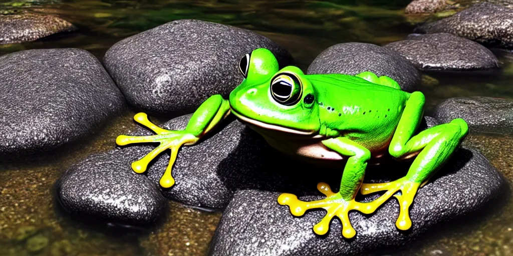 Prompt: A frog sitting on a glistening creek rock, flowing clear water creek bed, photorealistic 3D artwork.