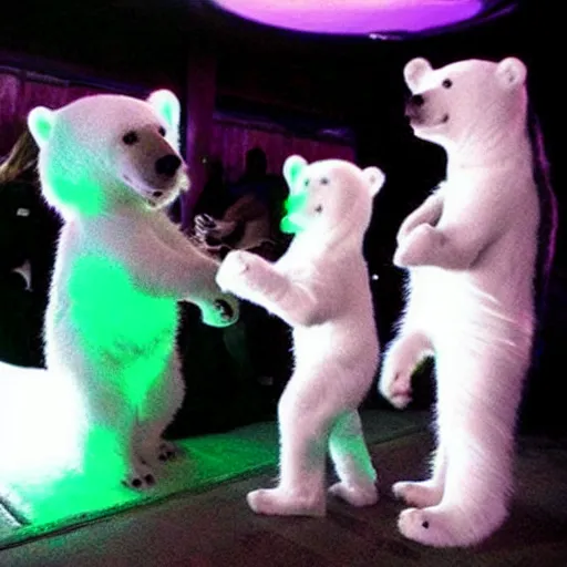 Prompt: little polar bear partying, drink, nigh club