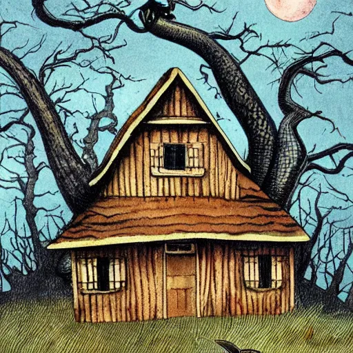 Image similar to a witches house, huge snakes on the roof of the house