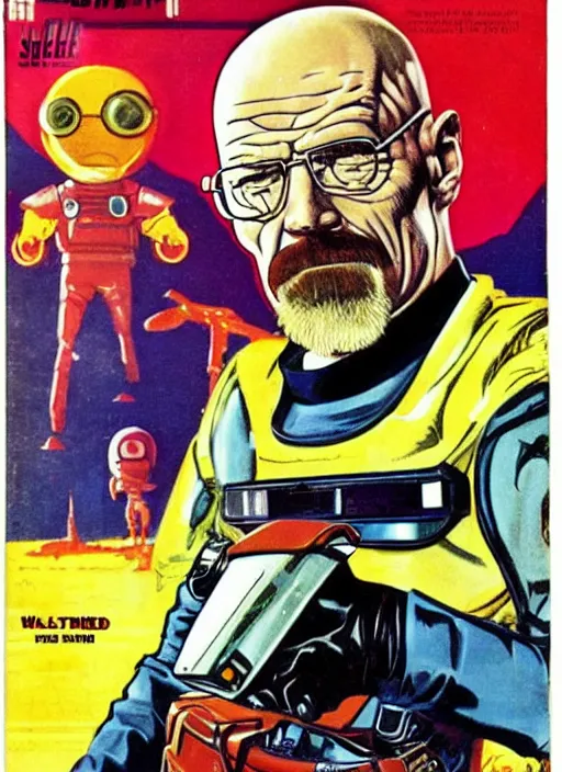 Prompt: Walter White as space ranger in retro science fiction cover by Kelly Freas (1965)