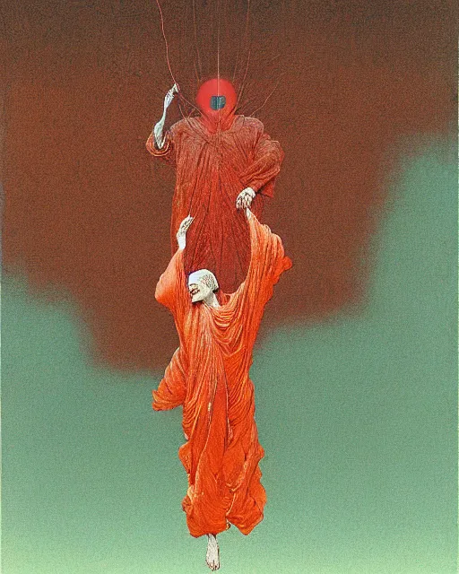 Prompt: early color photo of a scared enlightened boy flying up in sky, Beksinski painting, part by Adrian Ghenie and Gerhard Richter. art by Takato Yamamoto, Francis Bacon masterpiece