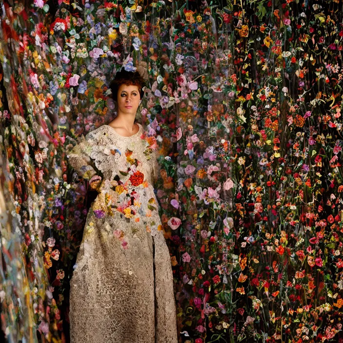 Prompt: closeup portrait of a woman with a cloak made of lace and flowers, standing in a hall of mirrors, by Annie Leibovitz and Steve McCurry, natural light, detailed face, CANON Eos C300, ƒ1.8, 35mm, 8K, medium-format print