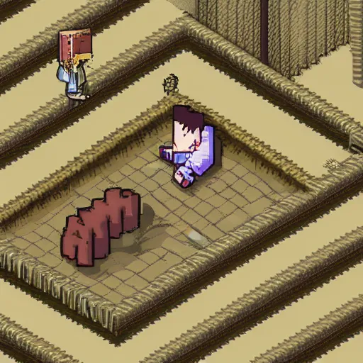 Image similar to ryu trapped in the video game silent hill, isometric style, highly detailed pixel art, production ready