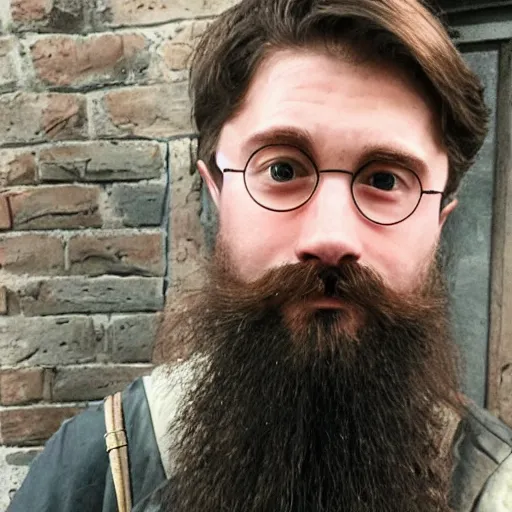 Image similar to harry potter with long beards and beautiful mustache, beard balm in his hand