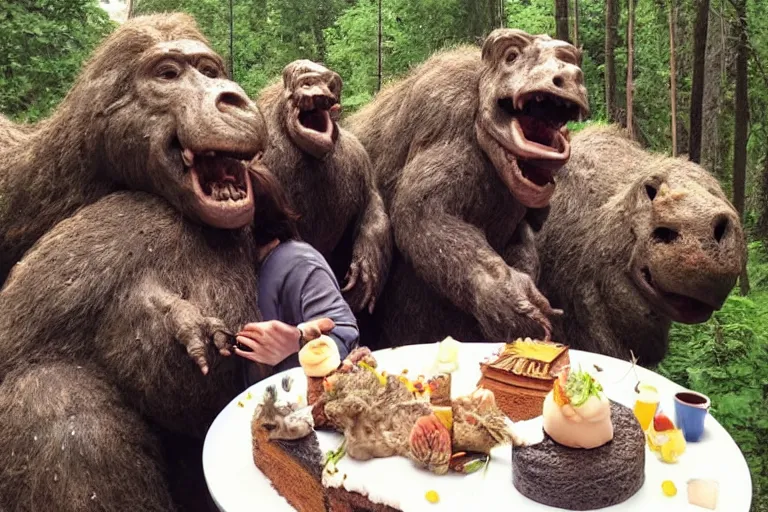 Image similar to photo, three hairy fat neanderthal people, emma!! watson!!, eating outside, surrounded by dinosaurs!, gigantic forest trees, sitting on rocks, bright moon, birthday cake on the ground, front view