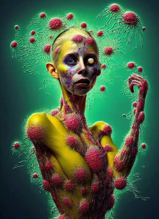 Image similar to hyper detailed 3d render like a Oil painting - Yolandi Visser seen Eating of the Strangling network of yellowcake aerochrome and milky Fruit and Her delicate Hands hold of gossamer polyp blossoms bring iridescent fungal flowers whose spores black the foolish stars by Jacek Yerka, Mariusz Lewandowski, Houdini algorithmic generative render, Abstract brush strokes, Masterpiece, Edward Hopper and James Gilleard, Zdzislaw Beksinski, Mark Ryden, Wolfgang Lettl, hints of Yayoi Kasuma, octane render, 8k