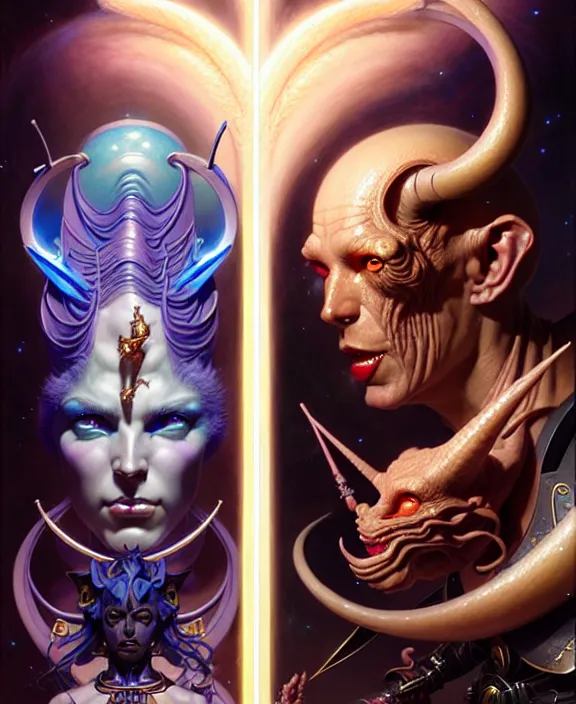 Image similar to beautiful gemini good and evil fantasy character portrait, ultra realistic, wide angle, intricate details, the fifth element artifacts, highly detailed by peter mohrbacher, hajime sorayama, wayne barlowe, boris vallejo, aaron horkey, gaston bussiere, craig mullins