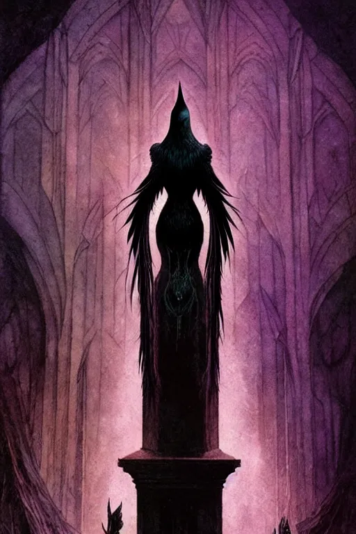 Prompt: raven perched on a statue of beautiful woman in a dark gothic room, gothic lighting, full frame, by wayne barlowe, peter mohrbacher, kelly mckernan, james o barr