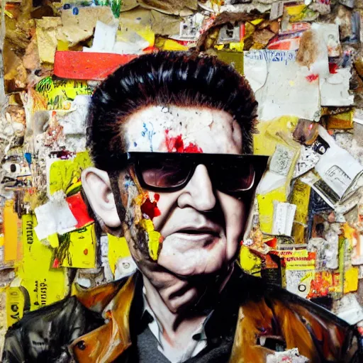 Prompt: hyperrealistic, photorealistic, mixed media oil painting of roy orbison, magazine scraps, plaster, blood, oil, mustard, cigarettes, splatter, trending on artstation, award - winning painting, greg rutkowski, basquiat, ralph steadman, terry gilliam