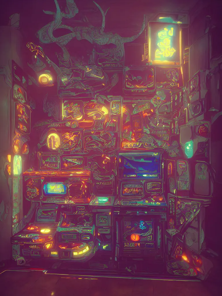 Image similar to retro arcade cabinet, moody::alejandro jodorowsky, studio ghibli, beeple and James Gilleard and Justin Gerard :: ornate, dynamic, particulate, intricate, elegant, highly detailed, centered, artstation, smooth, sharp focus, octane render, 3d