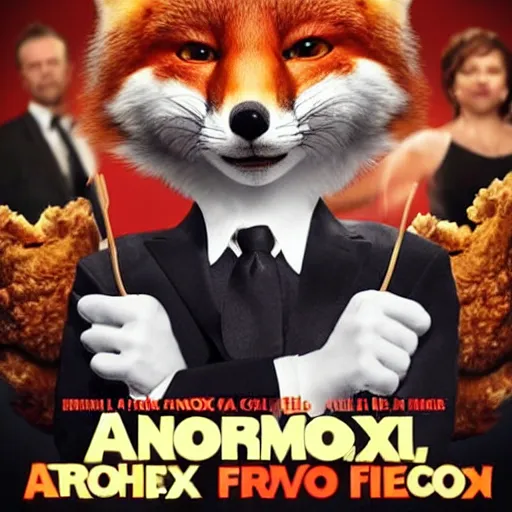 Image similar to movie poster featuring an anthropomorphic fox wearing a black suit, fried chicken in the background, promotional media