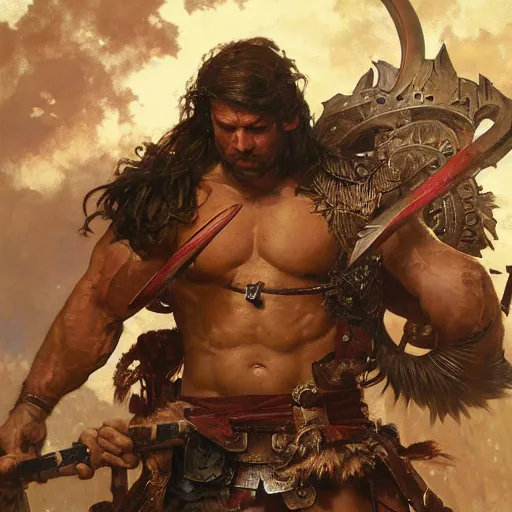 Image similar to muscular male barbarian stabbing the sky, intricate details, large sword, by Stanley Artgerm Lau, by greg rutkowski, by thomas kindkade, by alphonse mucha, loish, by norman rockwell J.