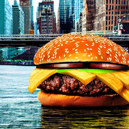 Prompt: Giant delicious burger and fries splashes dynamically into New York city river, wide angle, mind-bending modern psychedelic digital art