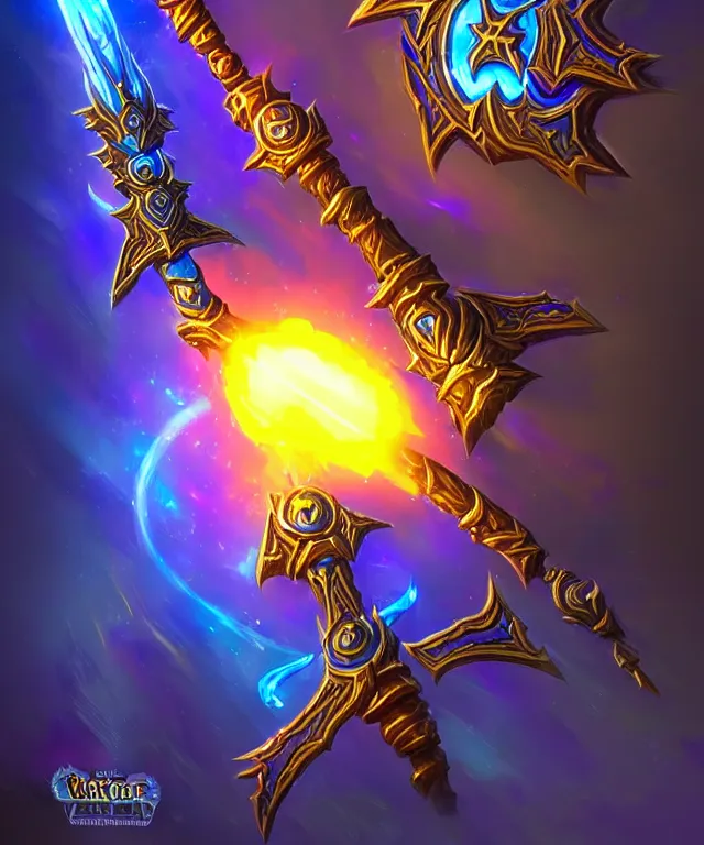 Image similar to bright weapon of warcraft blizzard weapon art, a spiral magic staff, bokeh. bright art masterpiece artstation. 8k, sharp high quality illustration in style of Jose Daniel Cabrera Pena and Leonid Kozienko, blue colored theme, concept art by Tooth Wu,