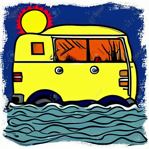 Prompt: beautiful cute cozy very little camper van by the water, sunset, puffy cute clouds, cute simple cartoon, vector, white background, watercolor, 4 colors!!!