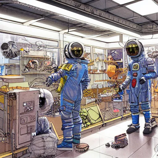 Image similar to asian space merchant in their shop, Industrial Scifi, detailed illustration, character design, by Martin Grip and Moebius