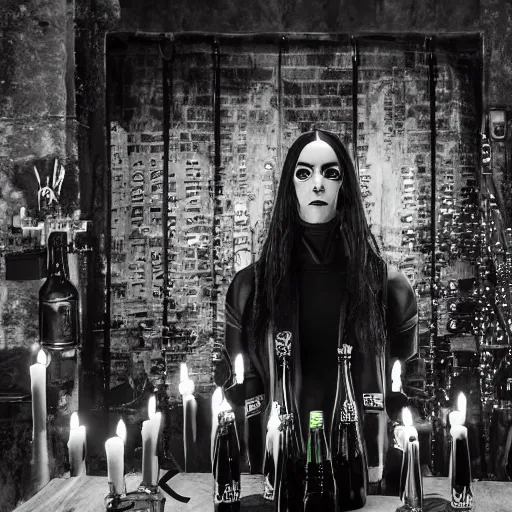 Image similar to swedish black metal band with bright 5 l bottle of beer, all black cyberpunk clothes, futuristic, realistic, promo photograph, epk, in a room full of candles, high quality, highly detailed