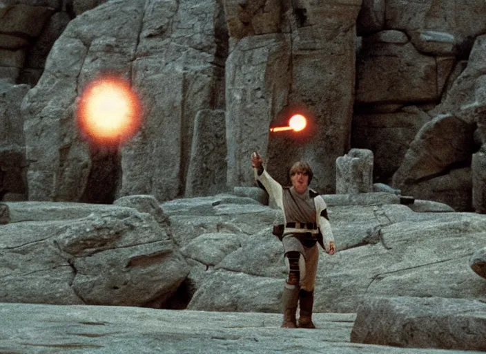 Prompt: epic still of Luke Skywalker using the force to levitate rocks above the ground in the air, ancient temple, from the 1980s film directed by Stanley Kubrick, cinematic lighting, kodak, strange, hyper real, stunning moody cinematography, with anamorphic lenses, crisp, detailed portrait, 4k image