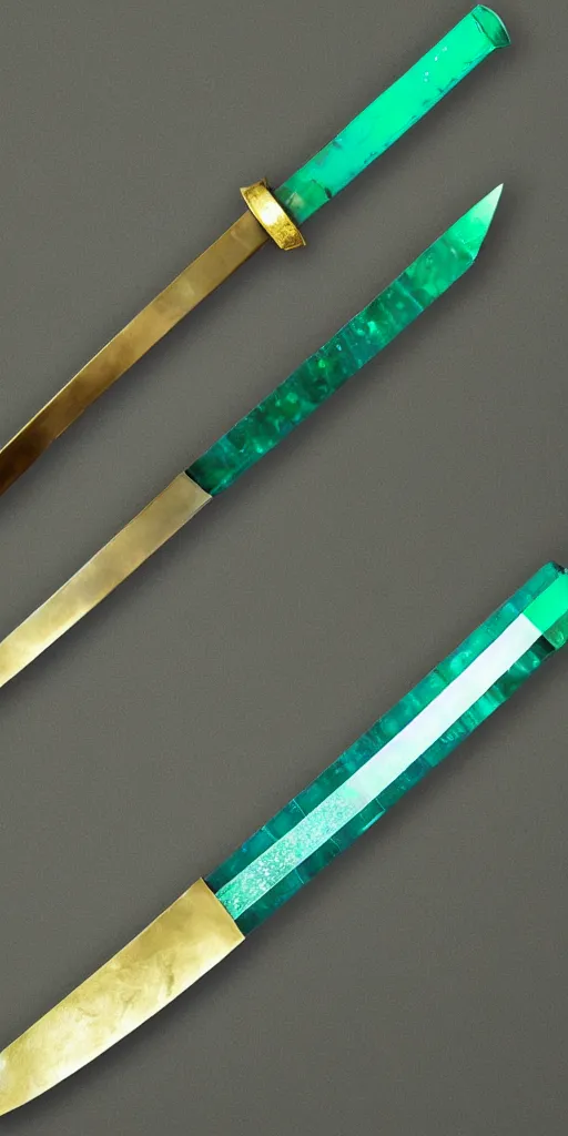 Image similar to photograph of a wide green and teal crystal double - edged sword blade attached to a big gold sword hilt