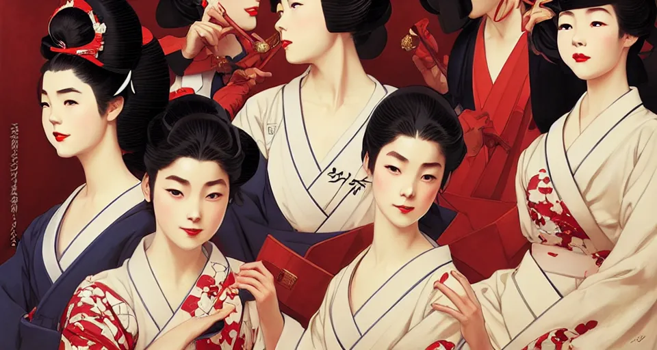 Image similar to geisha school, in the style of studio ghibli, j. c. leyendecker, greg rutkowski, artgerm