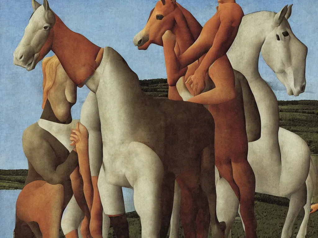 Prompt: Man embracing horse. Painting by Alex Colville, Piero della Francesca.