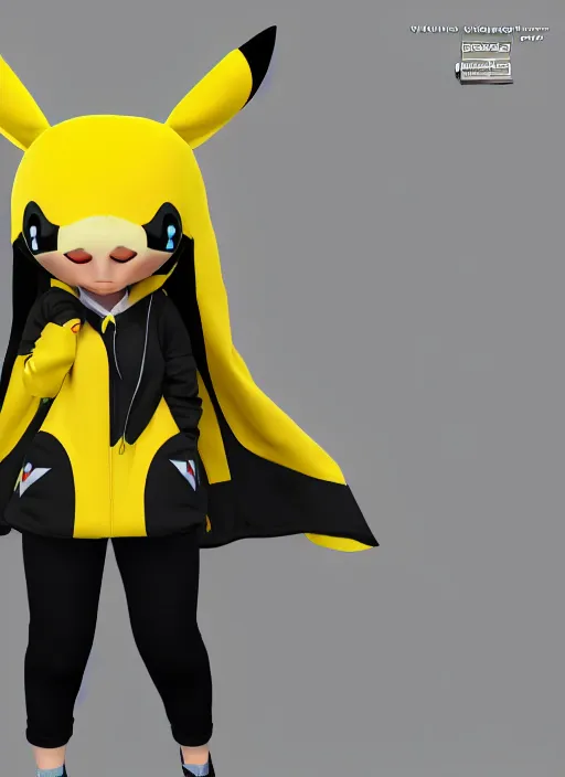 Image similar to vrchat, secondlife, imvu, 3 d model of a girl in a pikachu hoodie, cutely designed clothing, hq render, detailed textures, artstationhd, booth. pm, highly detailed attributes and atmosphere, dim volumetric cinematic lighting, hd, unity unreal engine