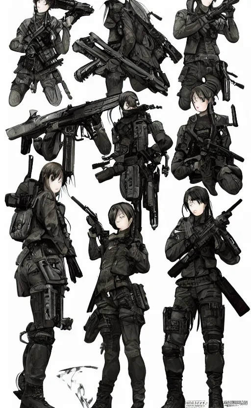 Prompt: highly detailed, high resolution, character design art, stunning, volumetric lightning, realistic guns, girls frontline style, matte, sharp focus, intricate, 150mm, illustration, artstation, by akio watanabe, realistic human anatomy, simple design, realistic military gear, metal gear style