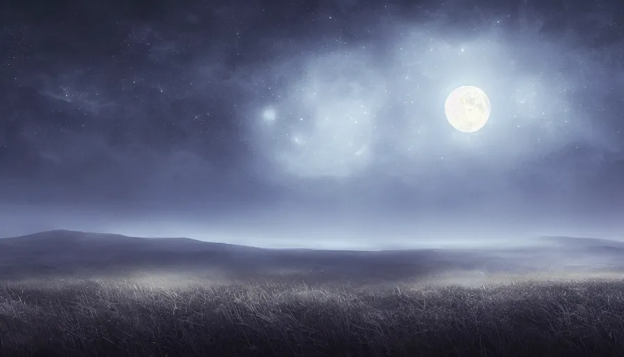 Image similar to a beautiful landscape at dusk, big moon and stars in the sky, matte painting, dark blue tones, concept art, 4k
