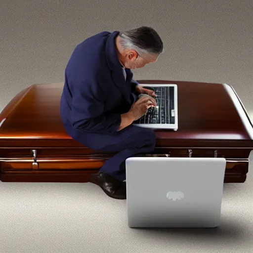 Image similar to old man sitting on a casket browsing internet on laptop from a casket casket